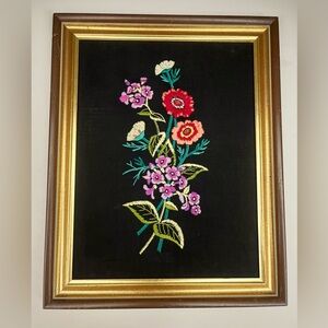 Vintage Framed Floral Embroidery Art, Hand-Stitched Textile
